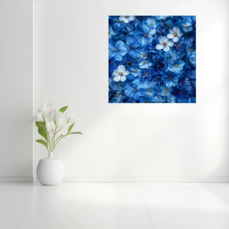 Blue floral wall art — cobalt roses, white blooms, golden stamens