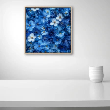 Blue floral wall art — cobalt roses, white blooms, golden stamens