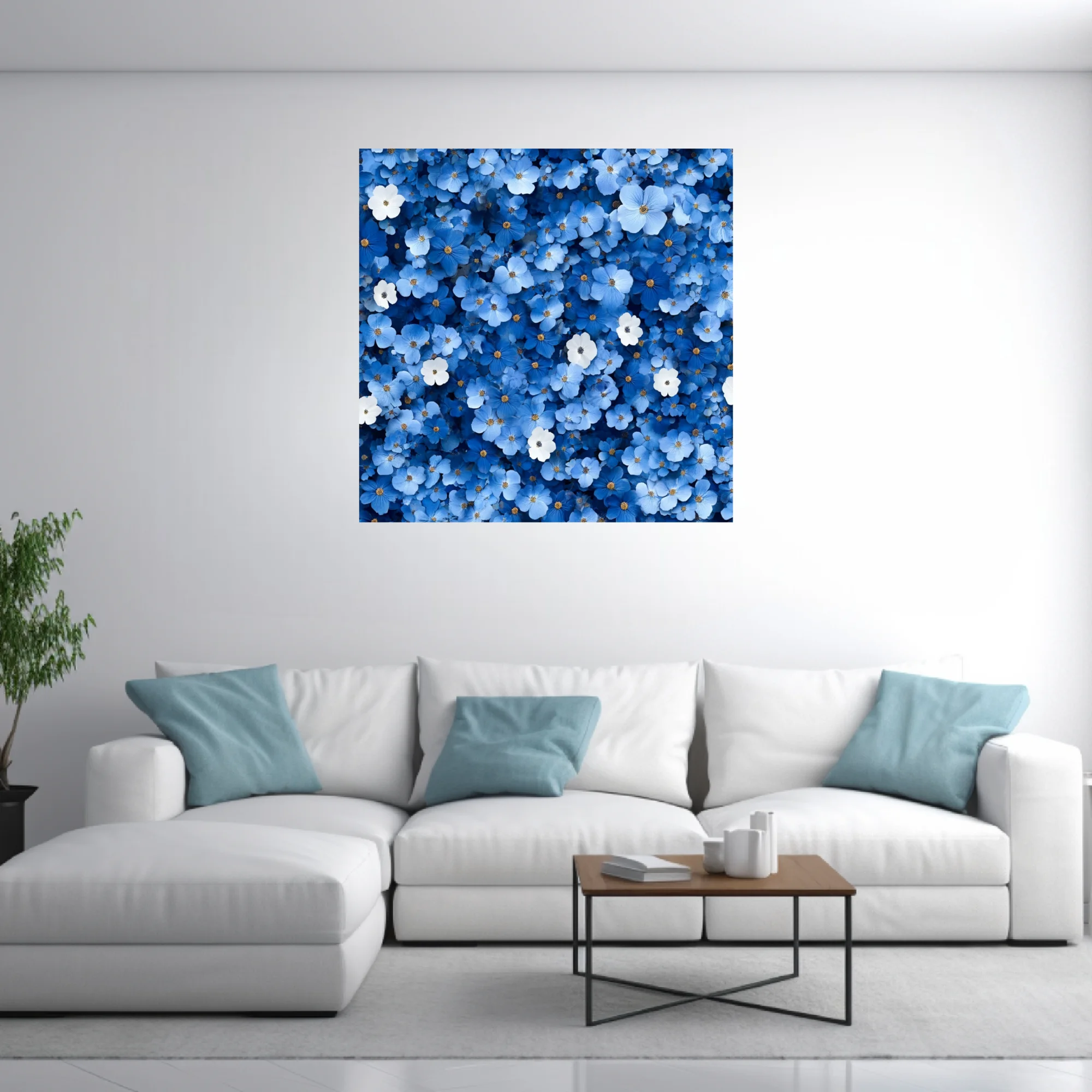Dense blue floral wall art with white accents and golden centers,