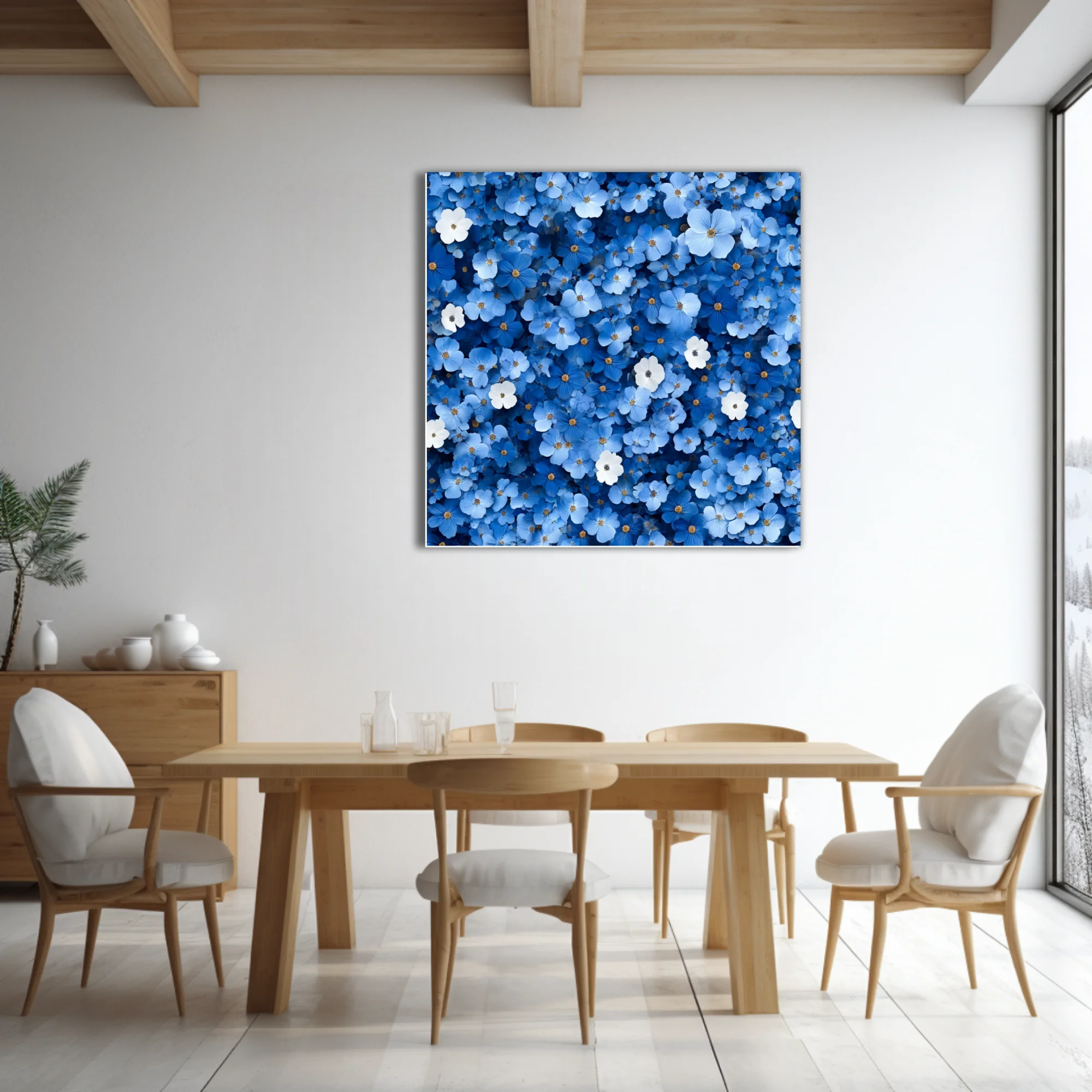 Dense blue floral wall art with white accents and golden centers,