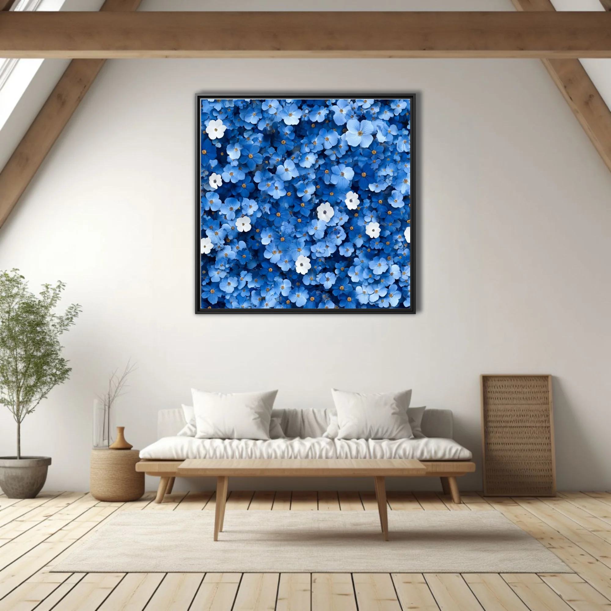 Dense blue floral wall art with white accents and golden centers,