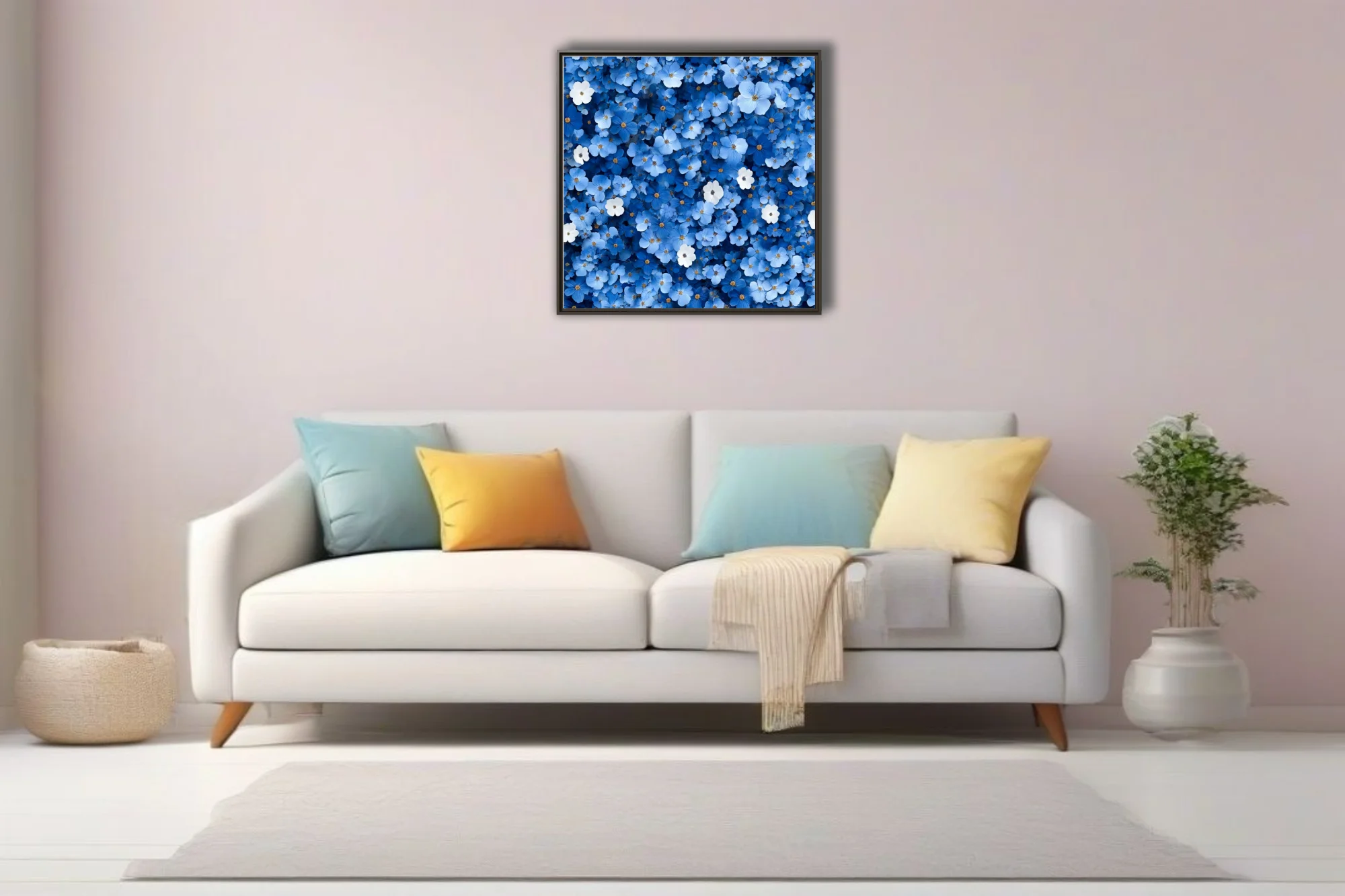Dense blue floral wall art with white accents and golden centers,
