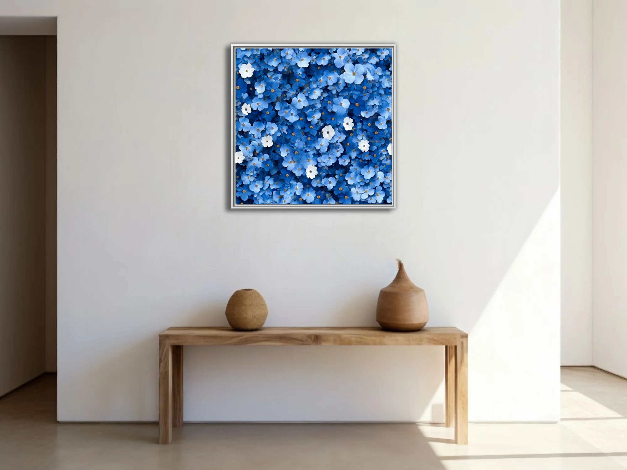 Dense blue floral wall art with white accents and golden centers,