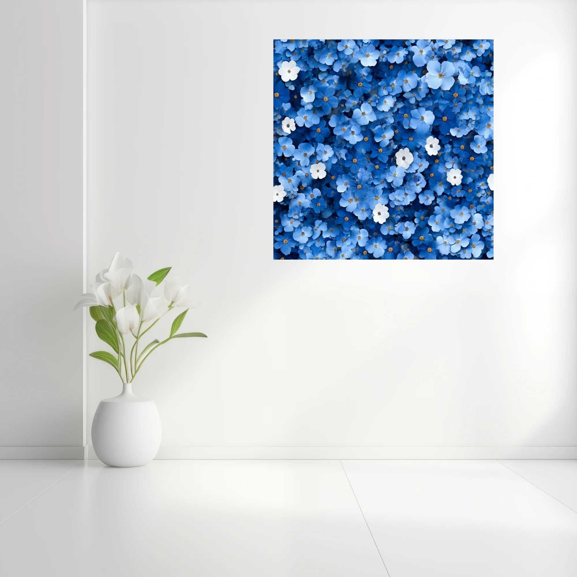 Dense blue floral wall art with white accents and golden centers,