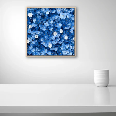 Dense blue floral wall art with white accents and golden centers,