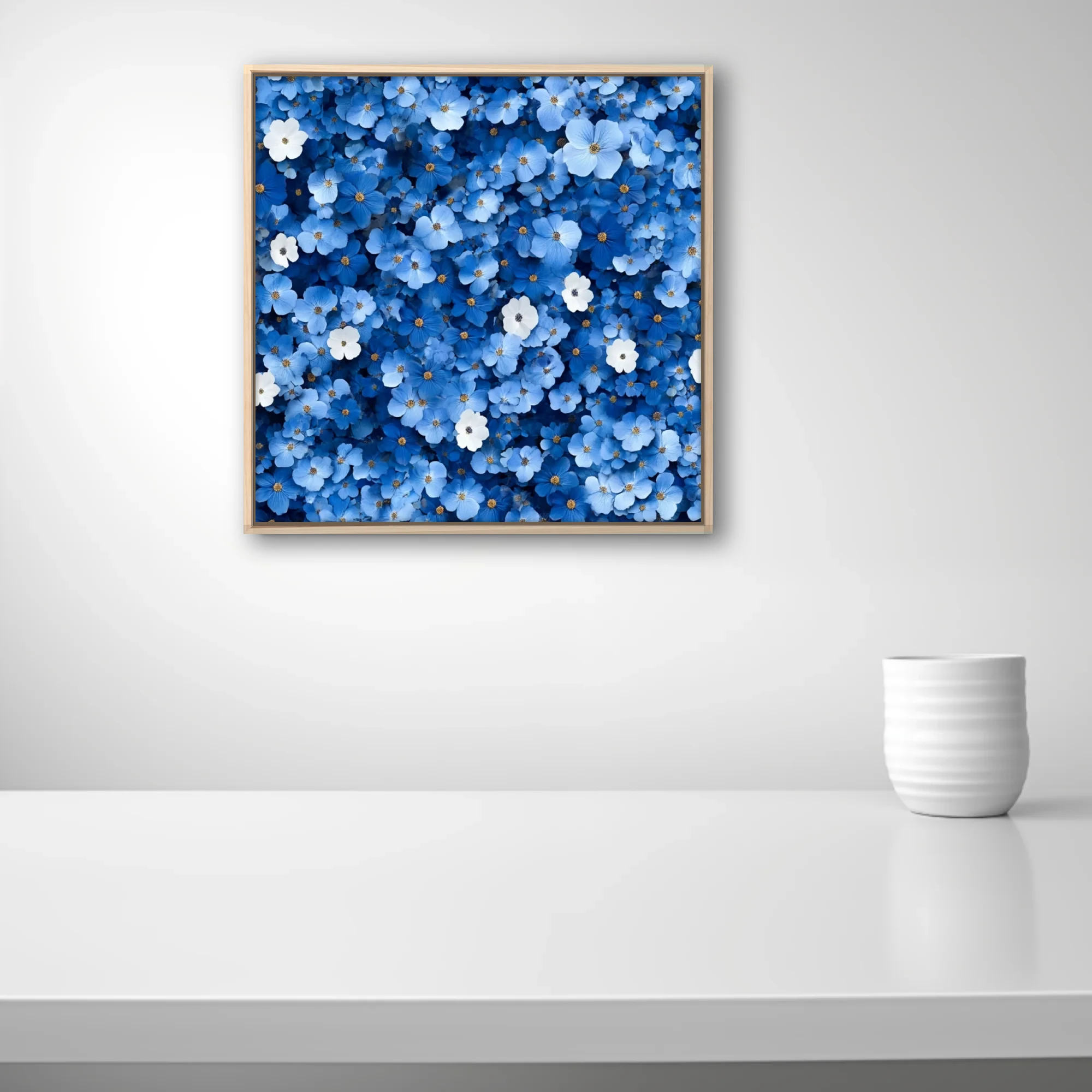 Dense blue floral wall art with white accents and golden centers,
