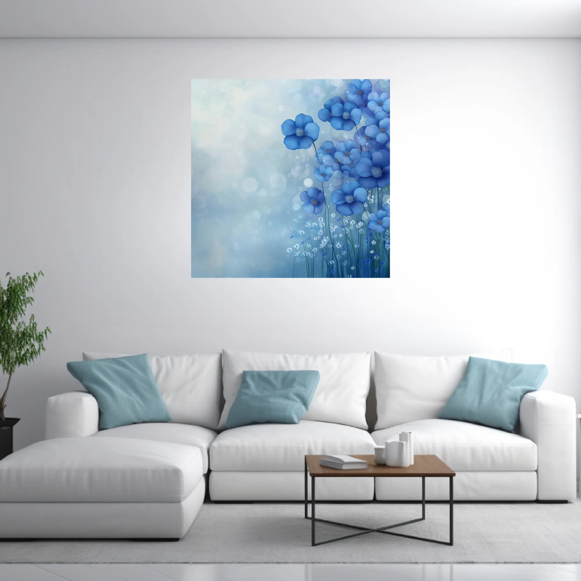 Soft-focus blue floral artwork with cobalt blossoms and dreamy bokeh mist for serene wall decor