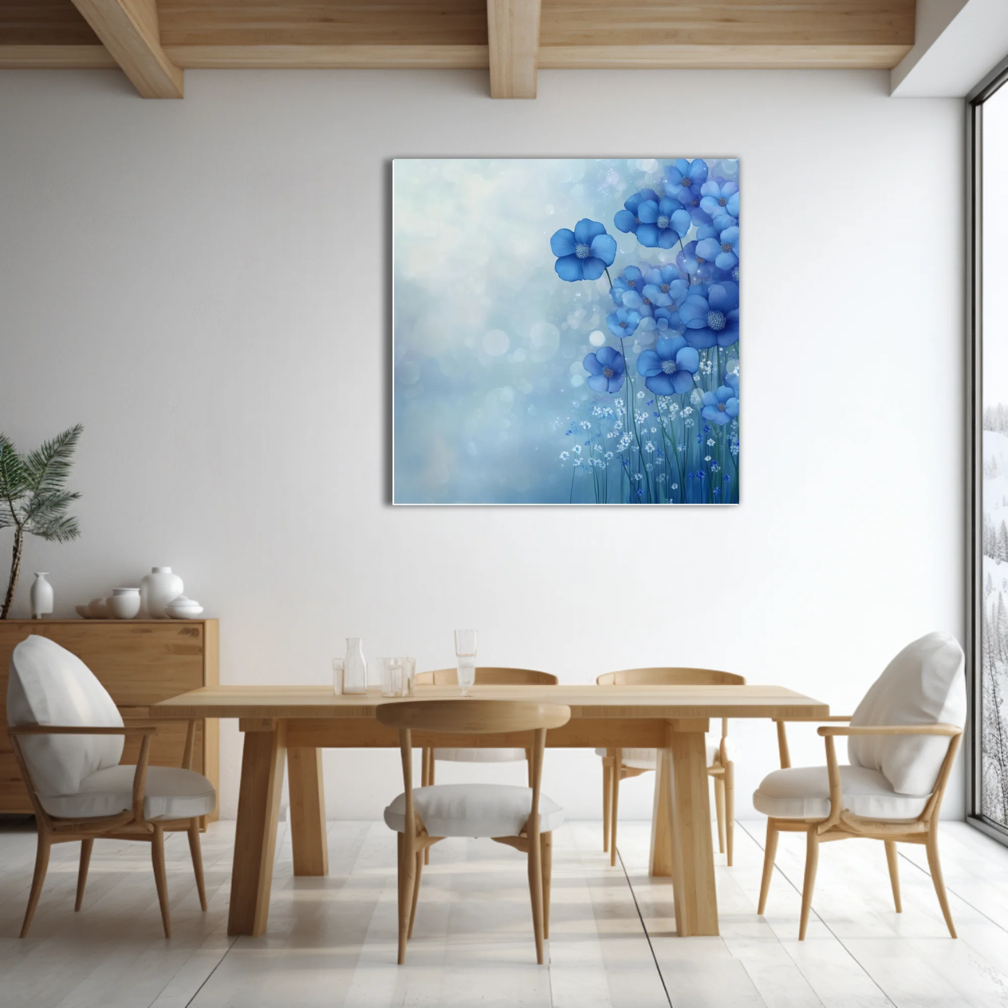 Soft-focus blue floral artwork with cobalt blossoms and dreamy bokeh mist for serene wall decor