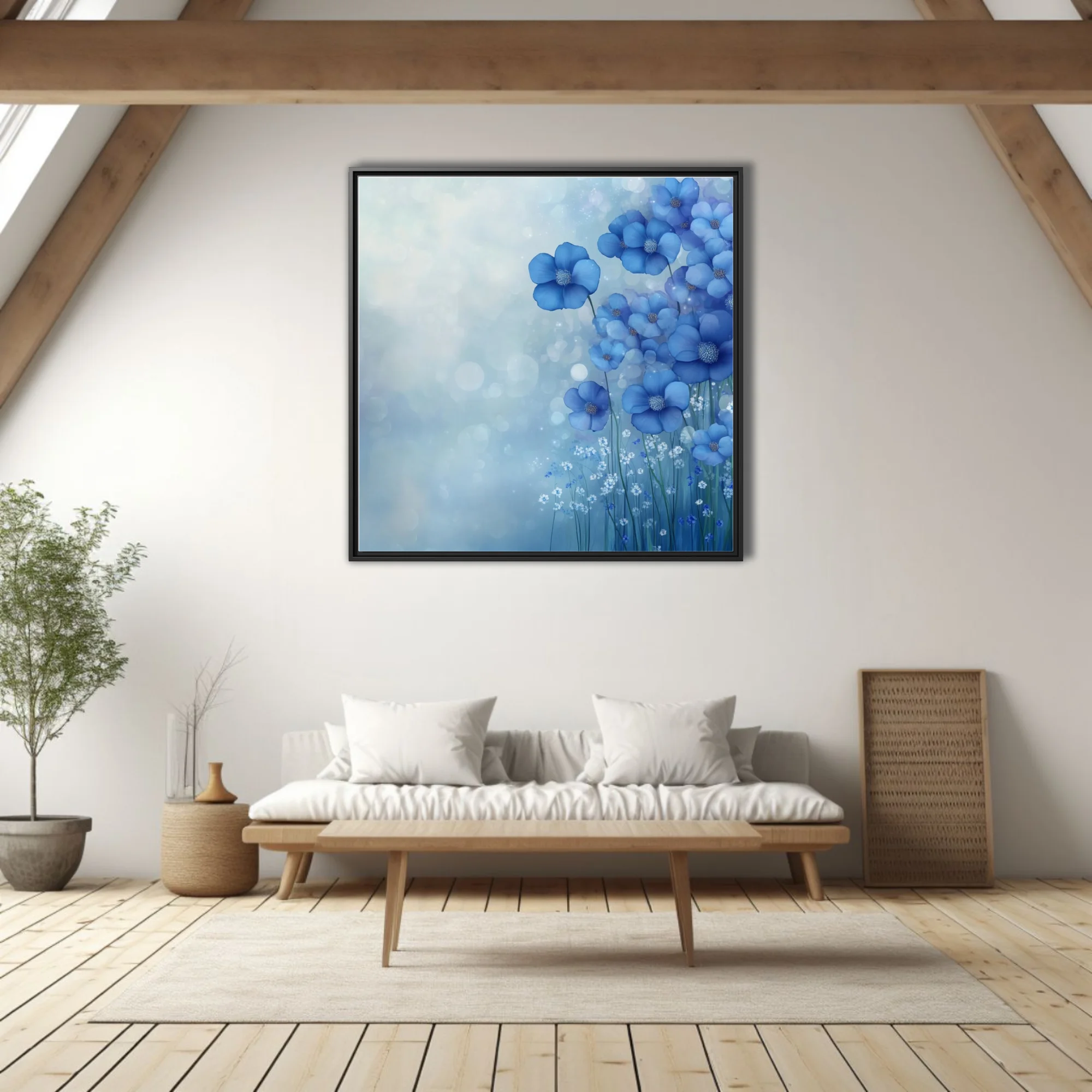 Soft-focus blue floral artwork with cobalt blossoms and dreamy bokeh mist for serene wall decor