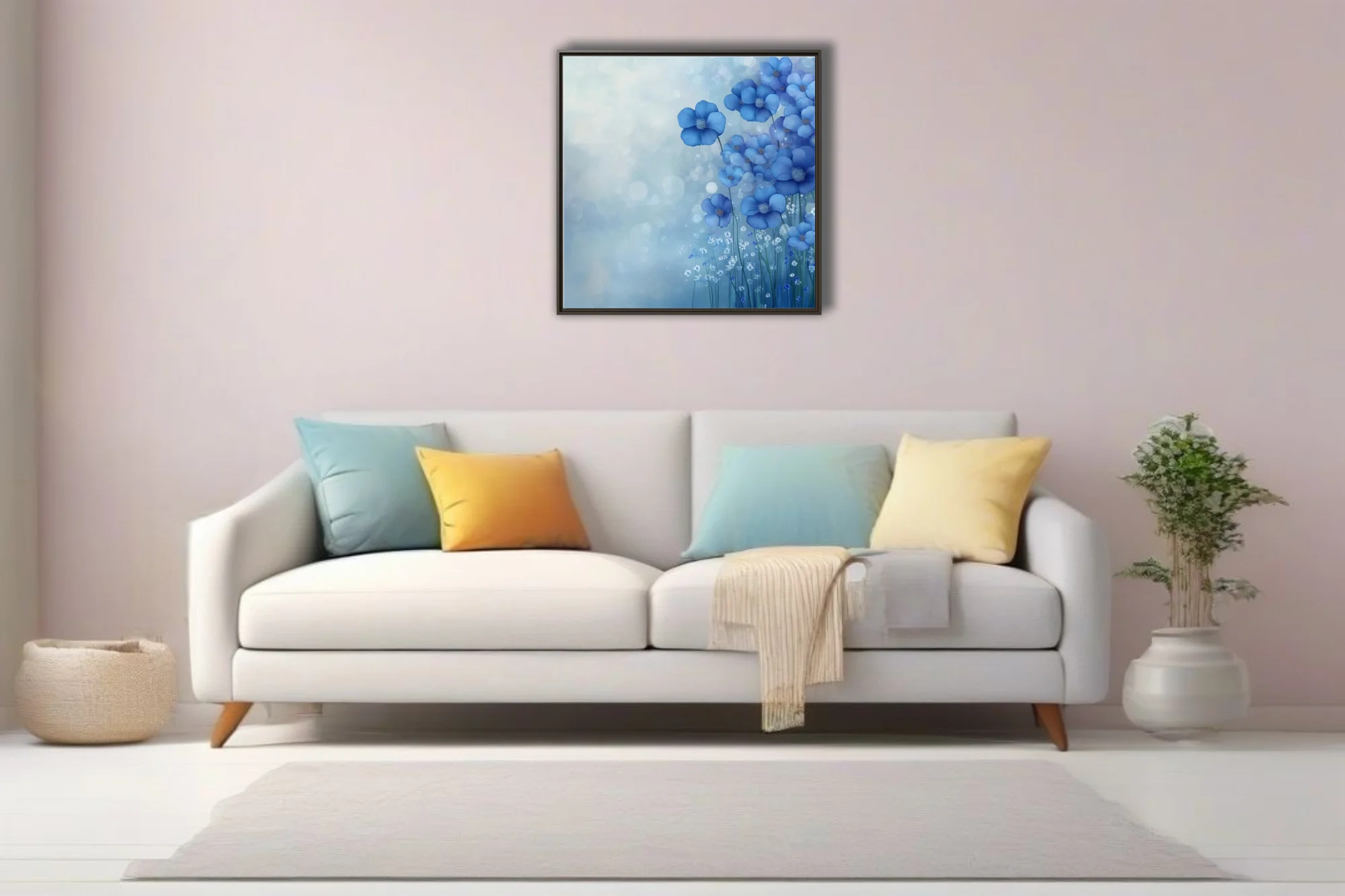 Soft-focus blue floral artwork with cobalt blossoms and dreamy bokeh mist for serene wall decor