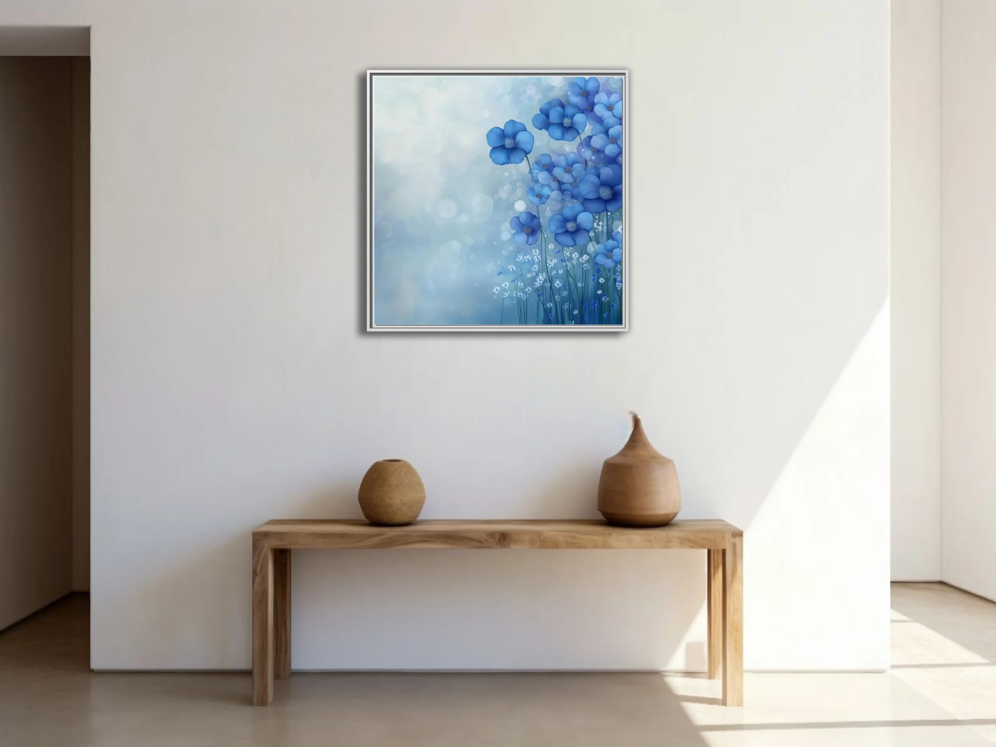 Soft-focus blue floral artwork with cobalt blossoms and dreamy bokeh mist for serene wall decor