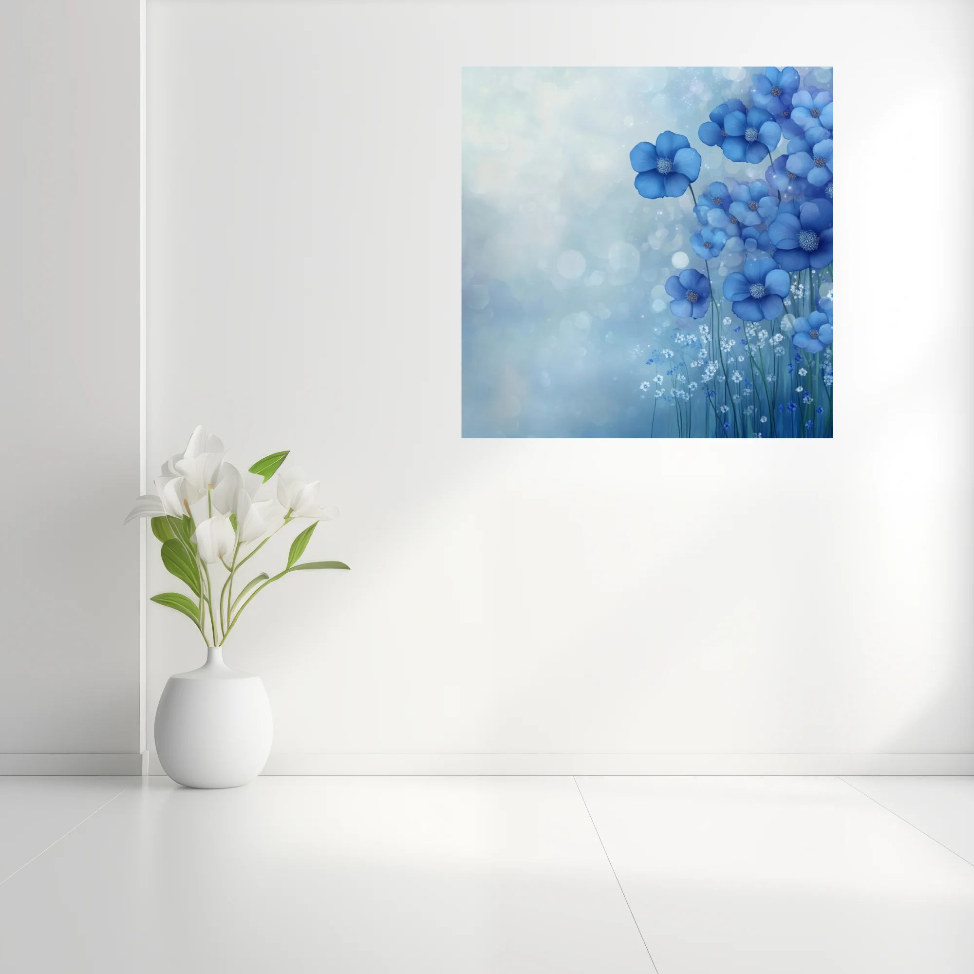 Soft-focus blue floral artwork with cobalt blossoms and dreamy bokeh mist for serene wall decor