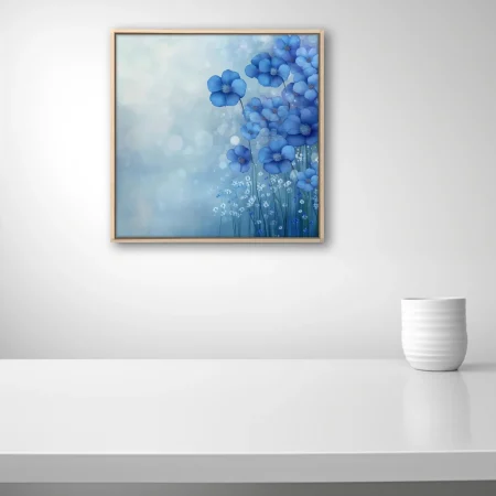 Soft-focus blue floral artwork with cobalt blossoms and dreamy bokeh mist for serene wall decor