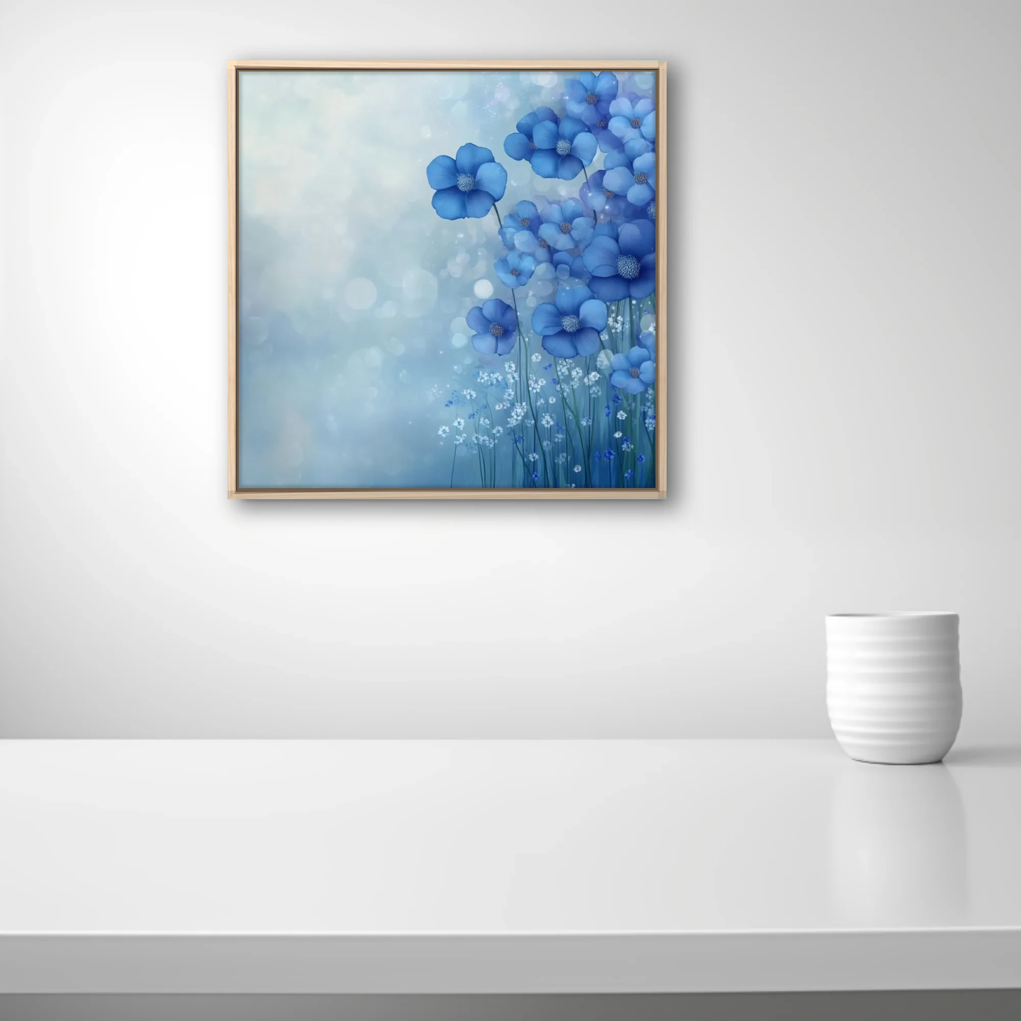 Soft-focus blue floral artwork with cobalt blossoms and dreamy bokeh mist for serene wall decor