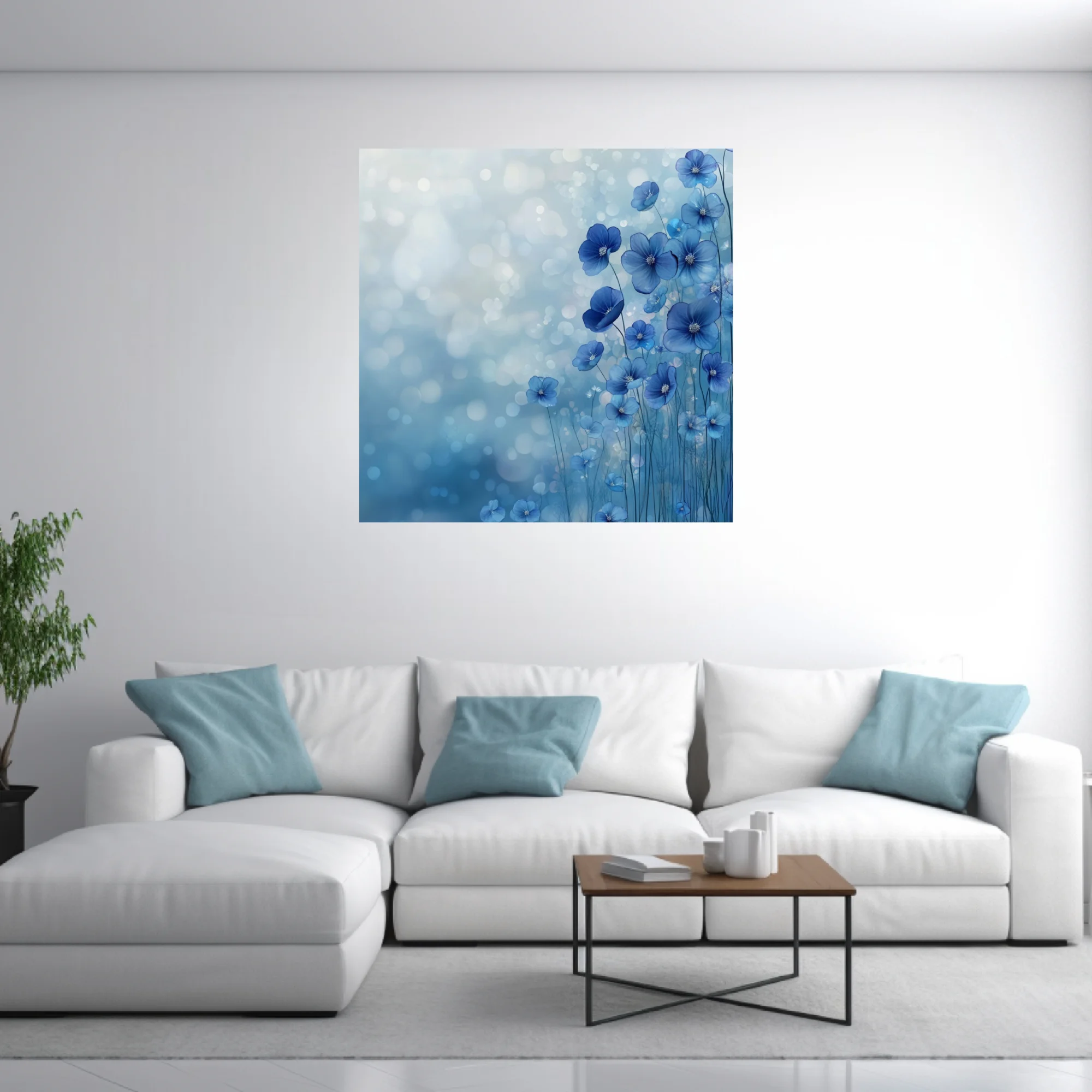 Watercolor-style blue wildflowers with bokeh background, abstract floral wall art
