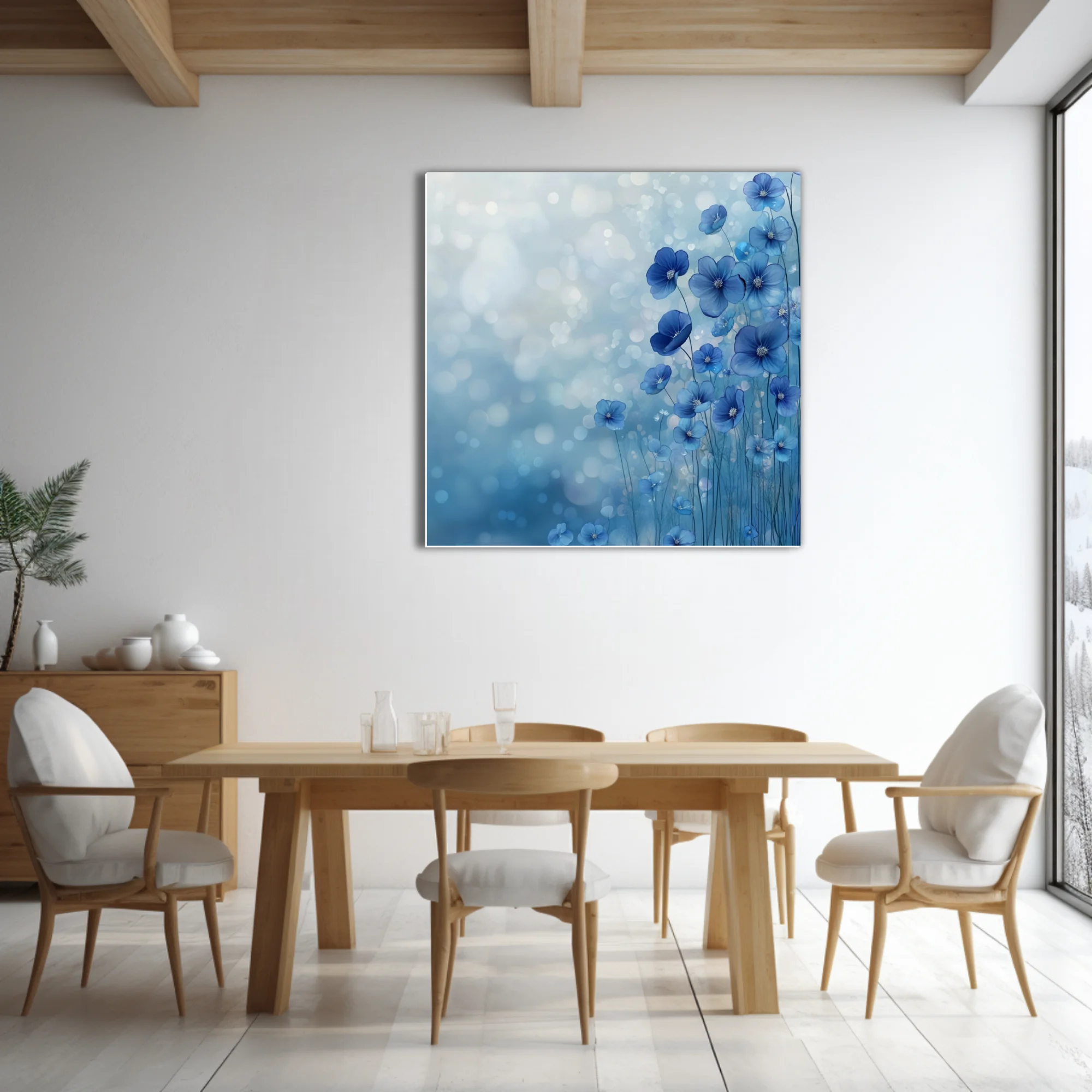 Watercolor-style blue wildflowers with bokeh background, abstract floral wall art