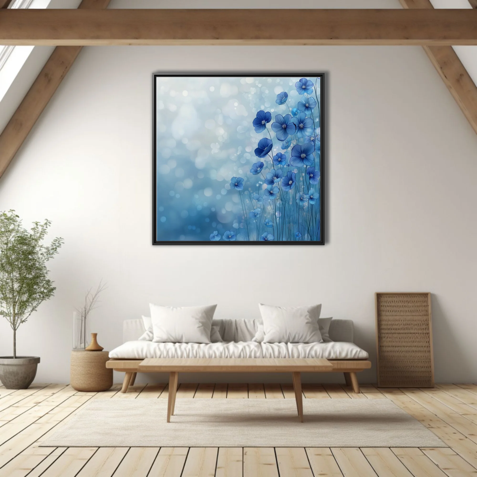 Watercolor-style blue wildflowers with bokeh background, abstract floral wall art