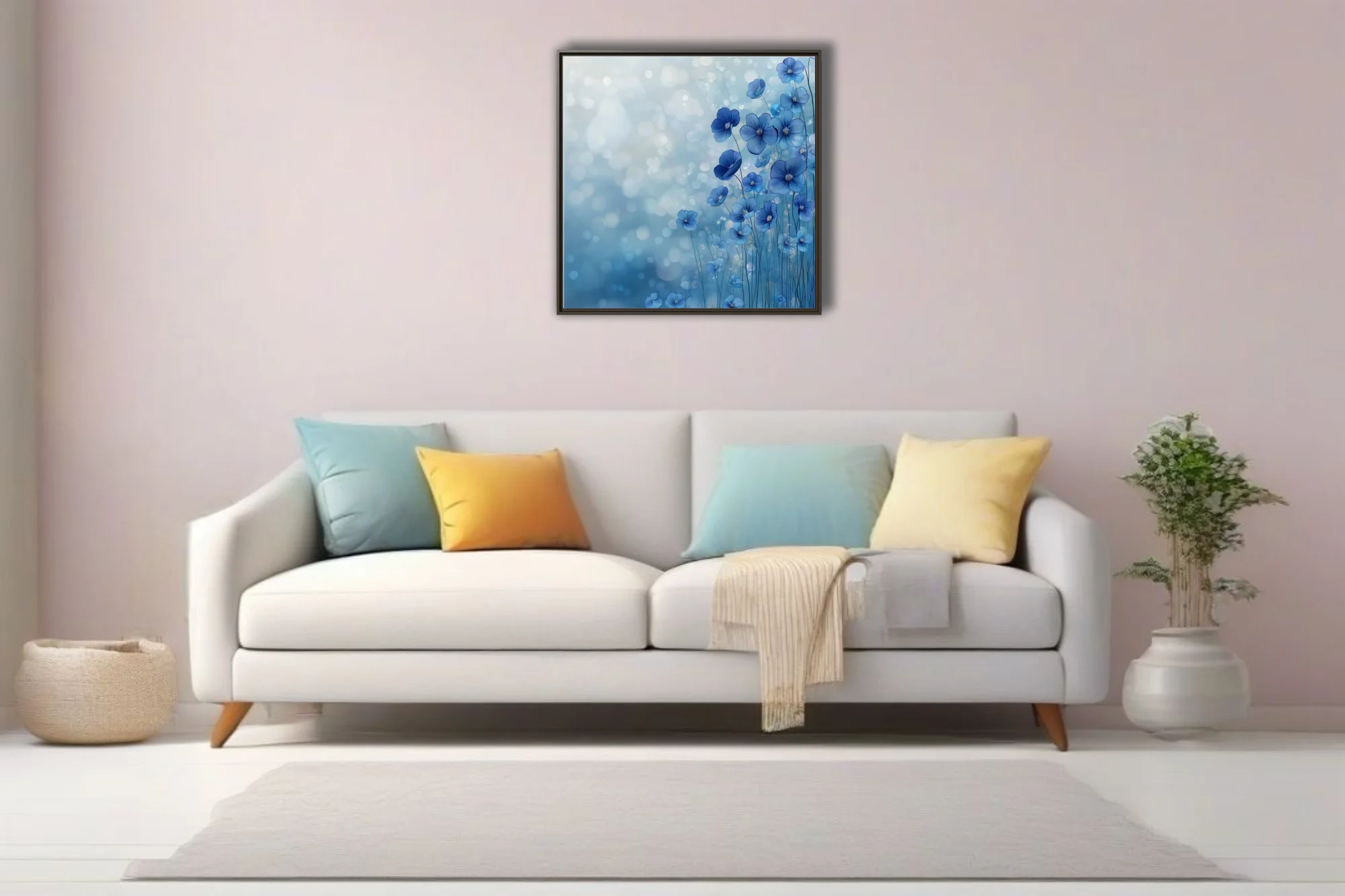 Watercolor-style blue wildflowers with bokeh background, abstract floral wall art