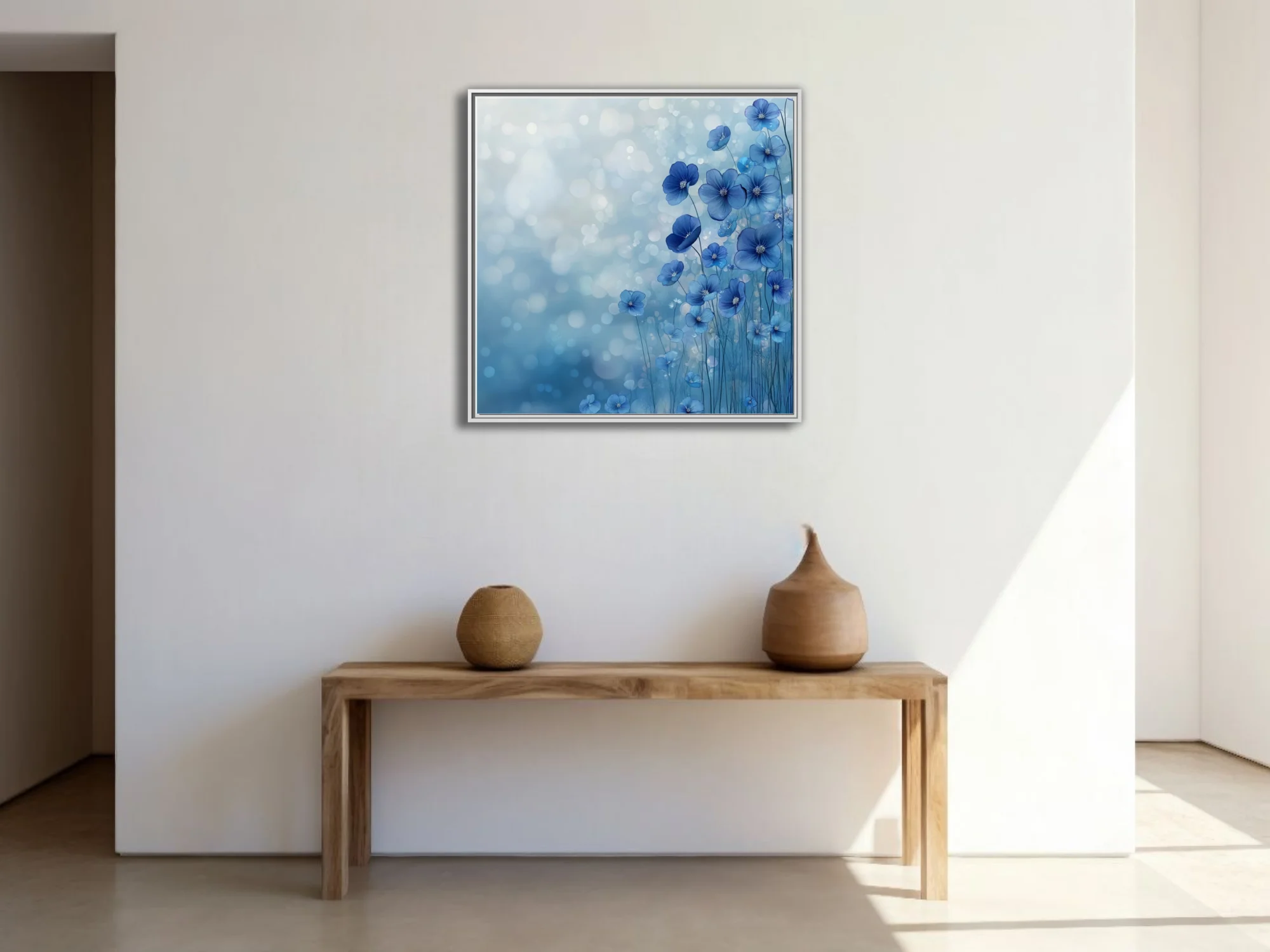Watercolor-style blue wildflowers with bokeh background, abstract floral wall art
