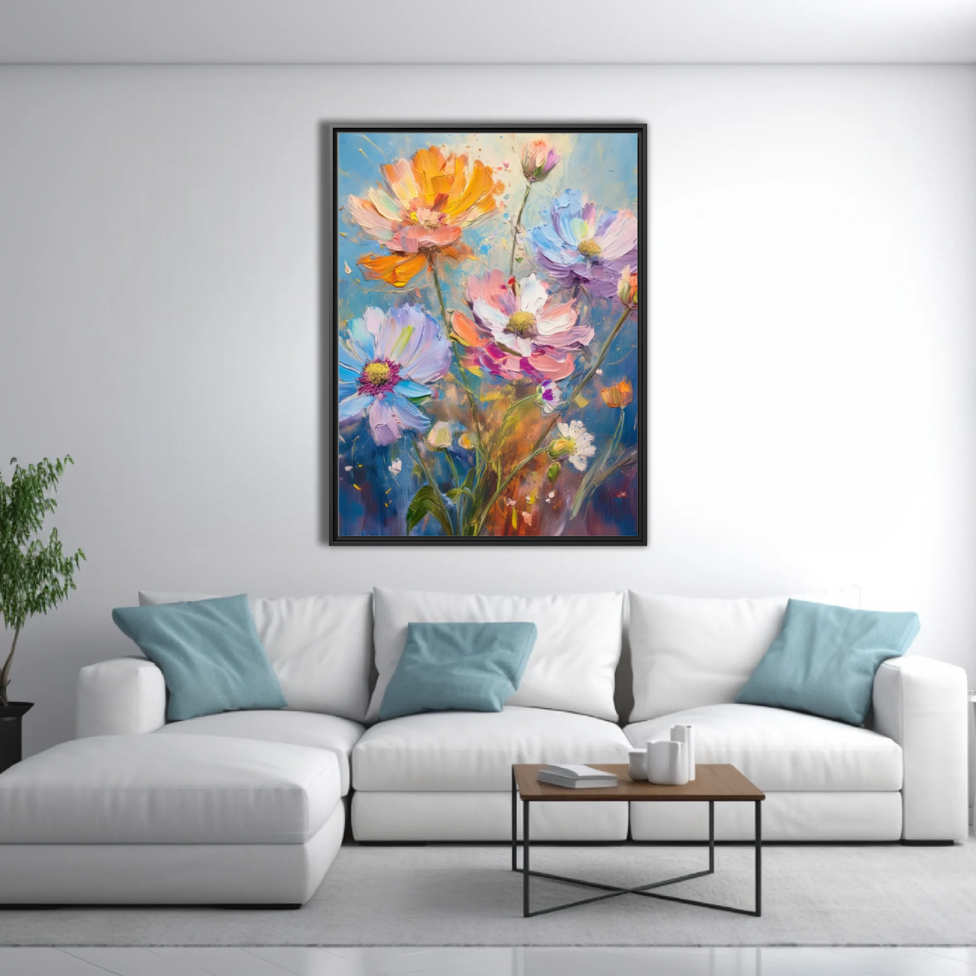 Vibrant wildflower artwork with pastel blooms and on sky-blue ground