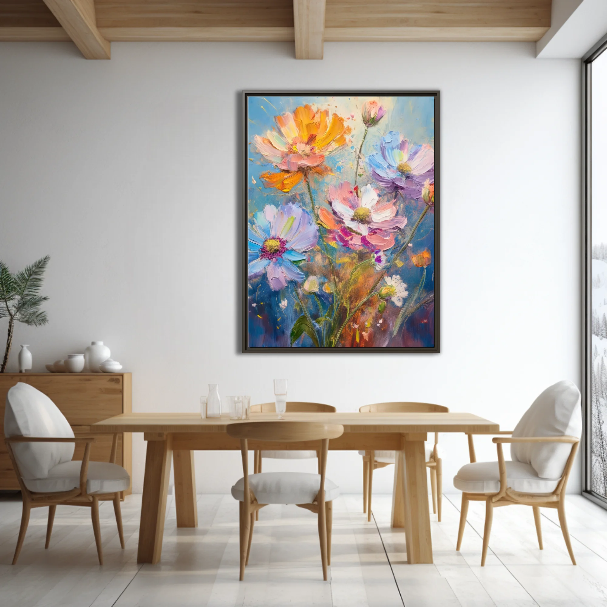 Vibrant wildflower artwork with pastel blooms and on sky-blue ground