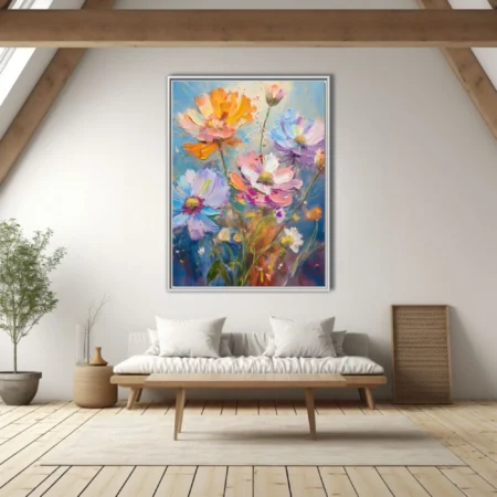 Vibrant wildflower artwork with pastel blooms and on sky-blue ground