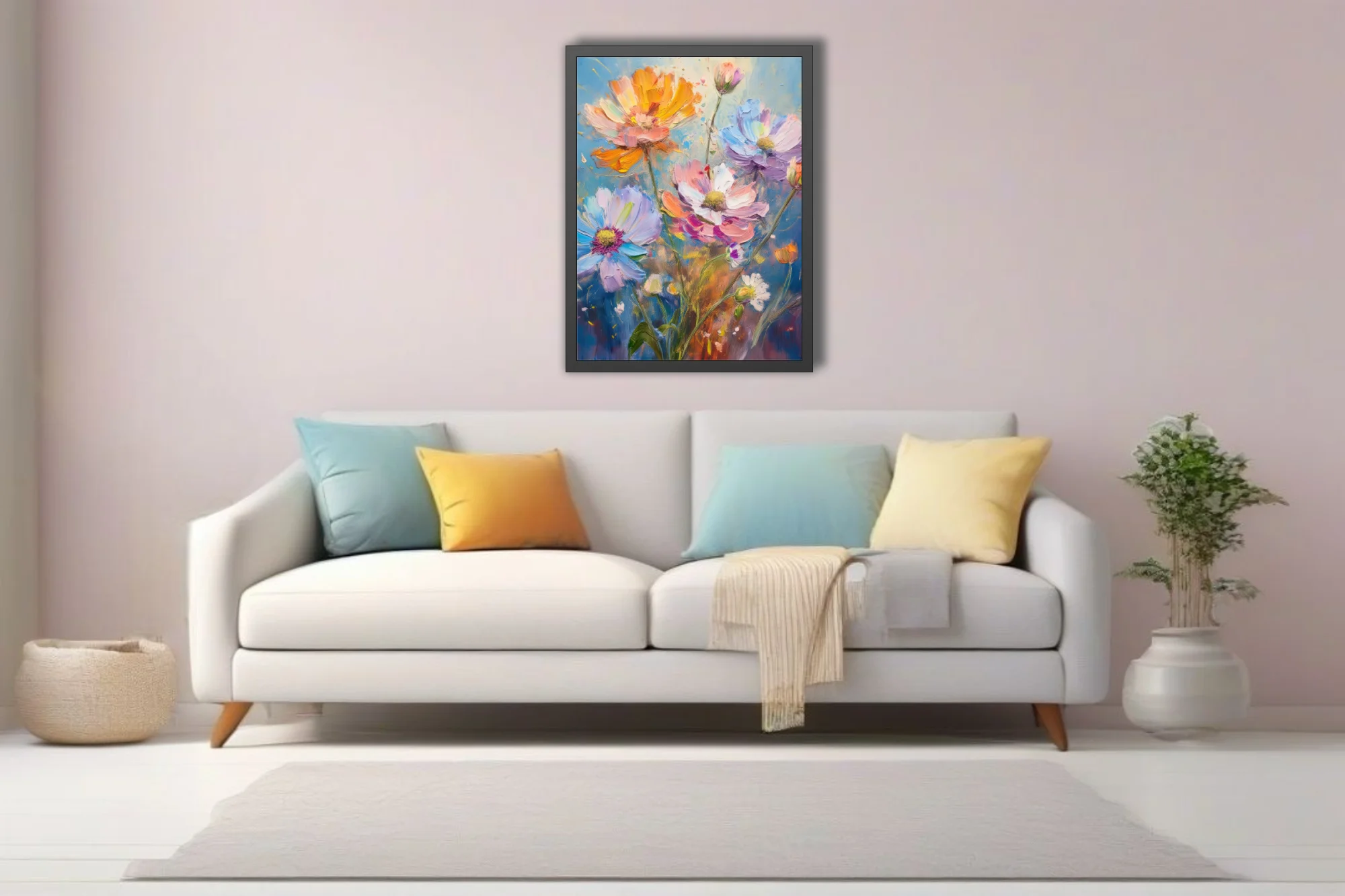 Vibrant wildflower artwork with pastel blooms and on sky-blue ground
