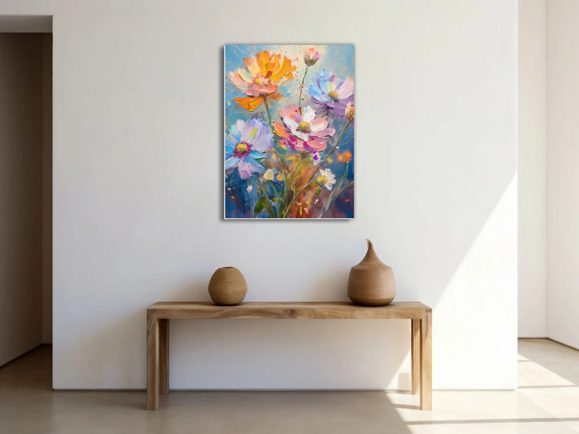 Vibrant wildflower artwork with pastel blooms and on sky-blue ground