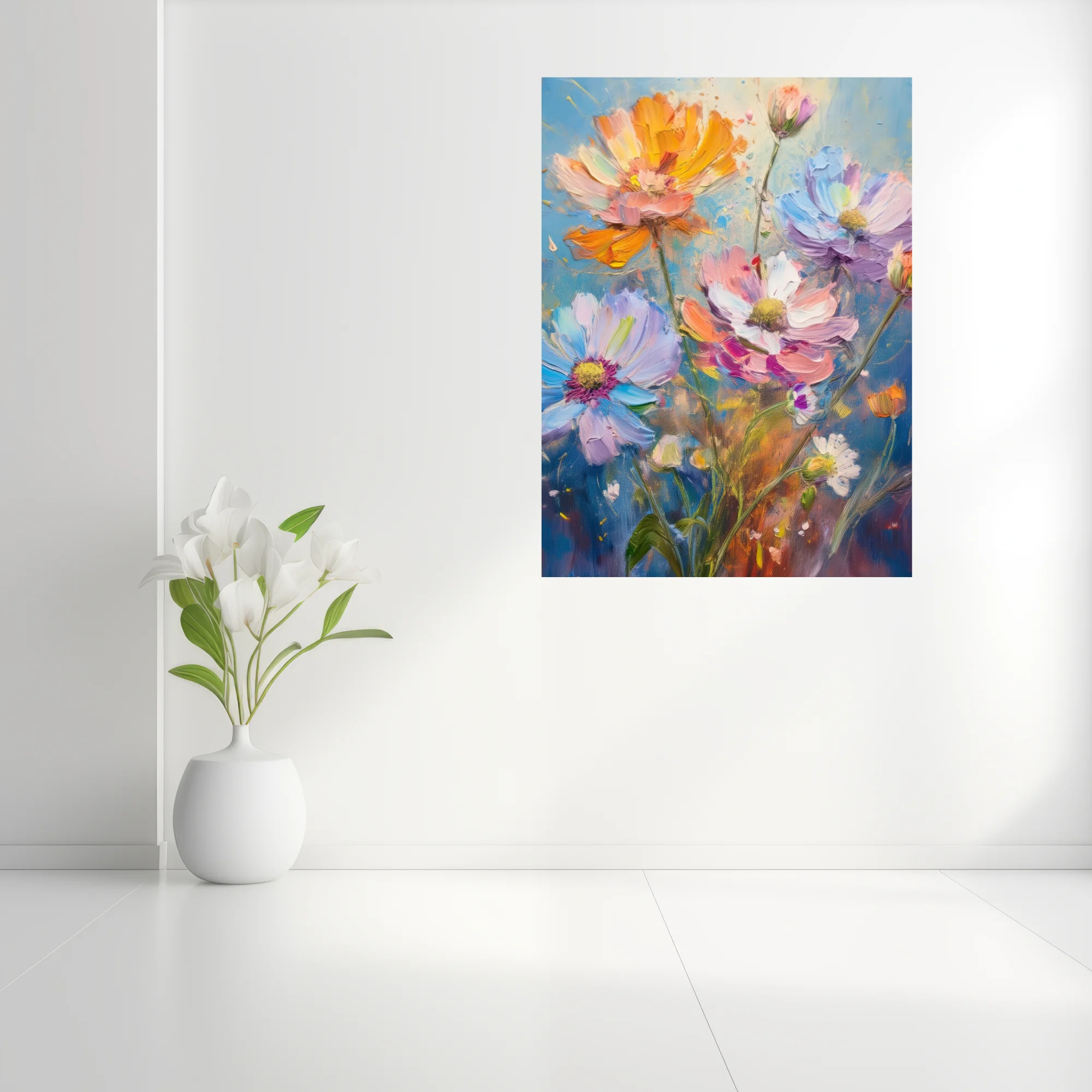 Vibrant wildflower artwork with pastel blooms and on sky-blue ground