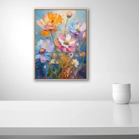 Vibrant wildflower artwork with pastel blooms and on sky-blue ground