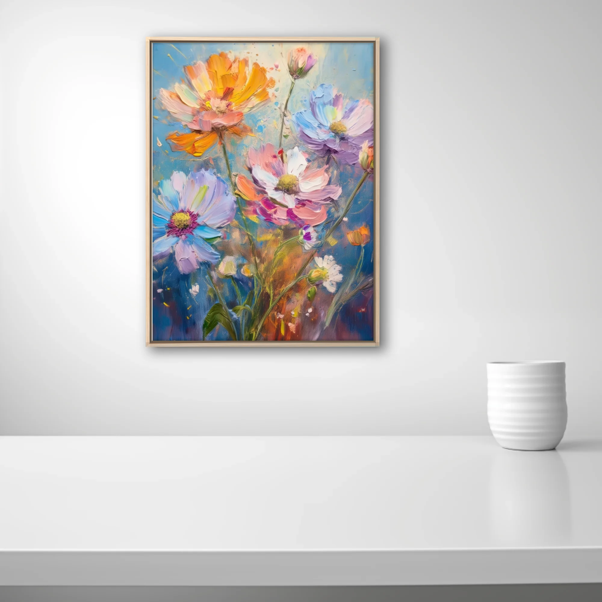 Vibrant wildflower artwork with pastel blooms and on sky-blue ground