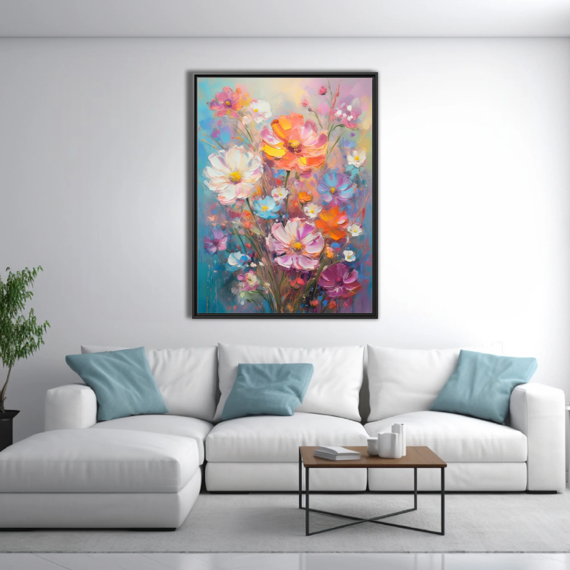 Vibrant cosmos and wildflower bouquet with in coral, pink, blue and yellow