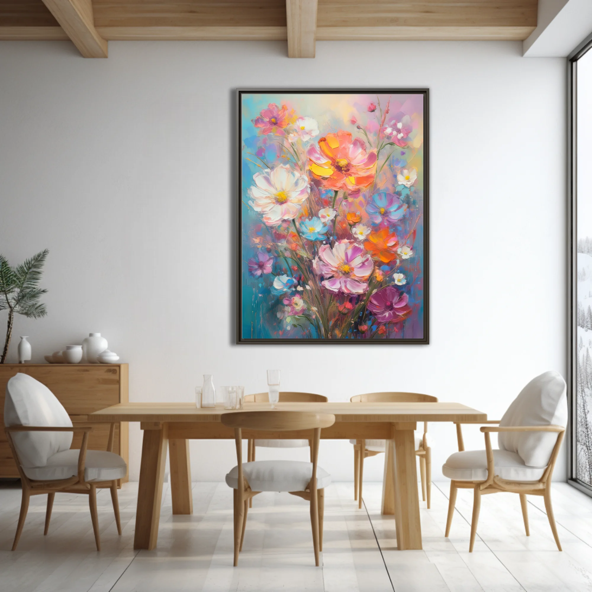 Vibrant cosmos and wildflower bouquet with in coral, pink, blue and yellow
