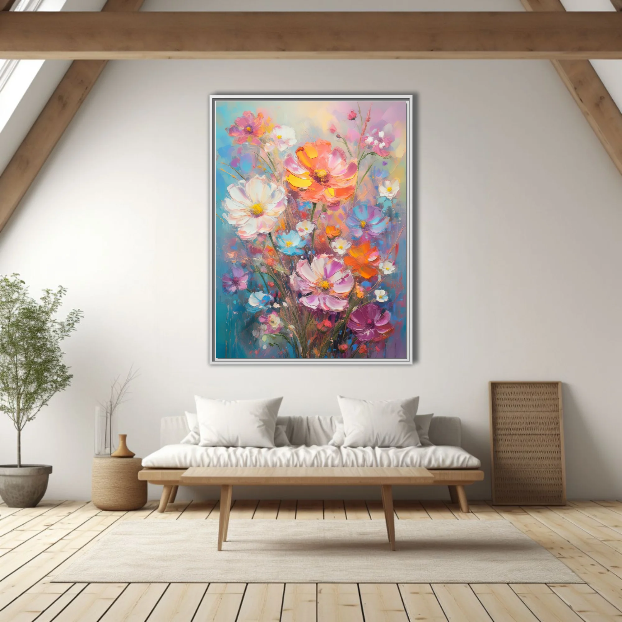 Vibrant cosmos and wildflower bouquet with in coral, pink, blue and yellow