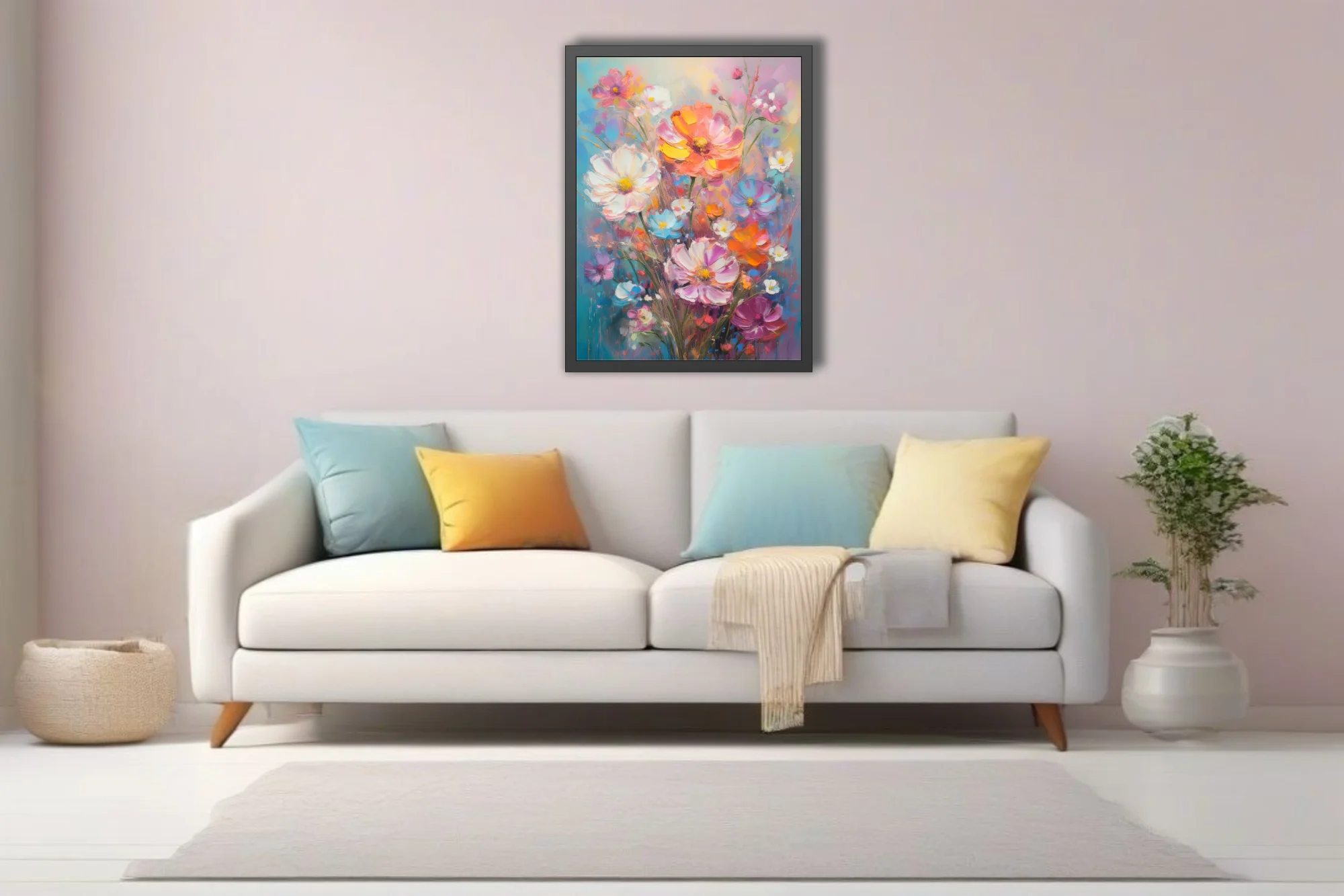 Vibrant cosmos and wildflower bouquet with in coral, pink, blue and yellow