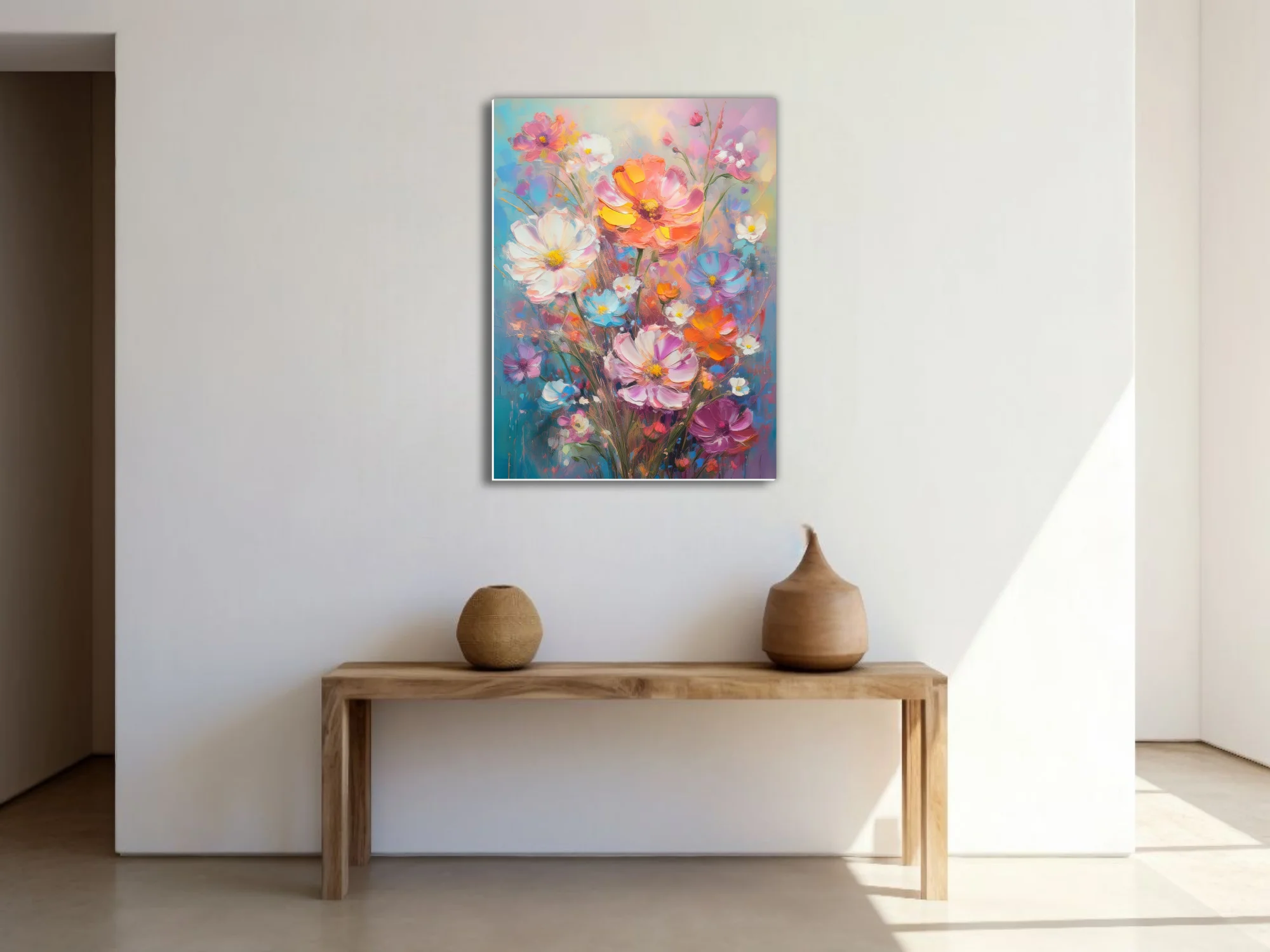Vibrant cosmos and wildflower bouquet with in coral, pink, blue and yellow