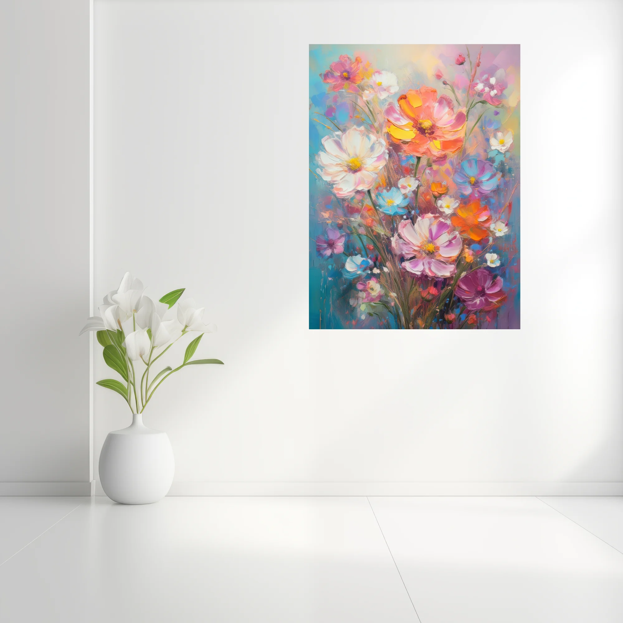 Vibrant cosmos and wildflower bouquet with in coral, pink, blue and yellow