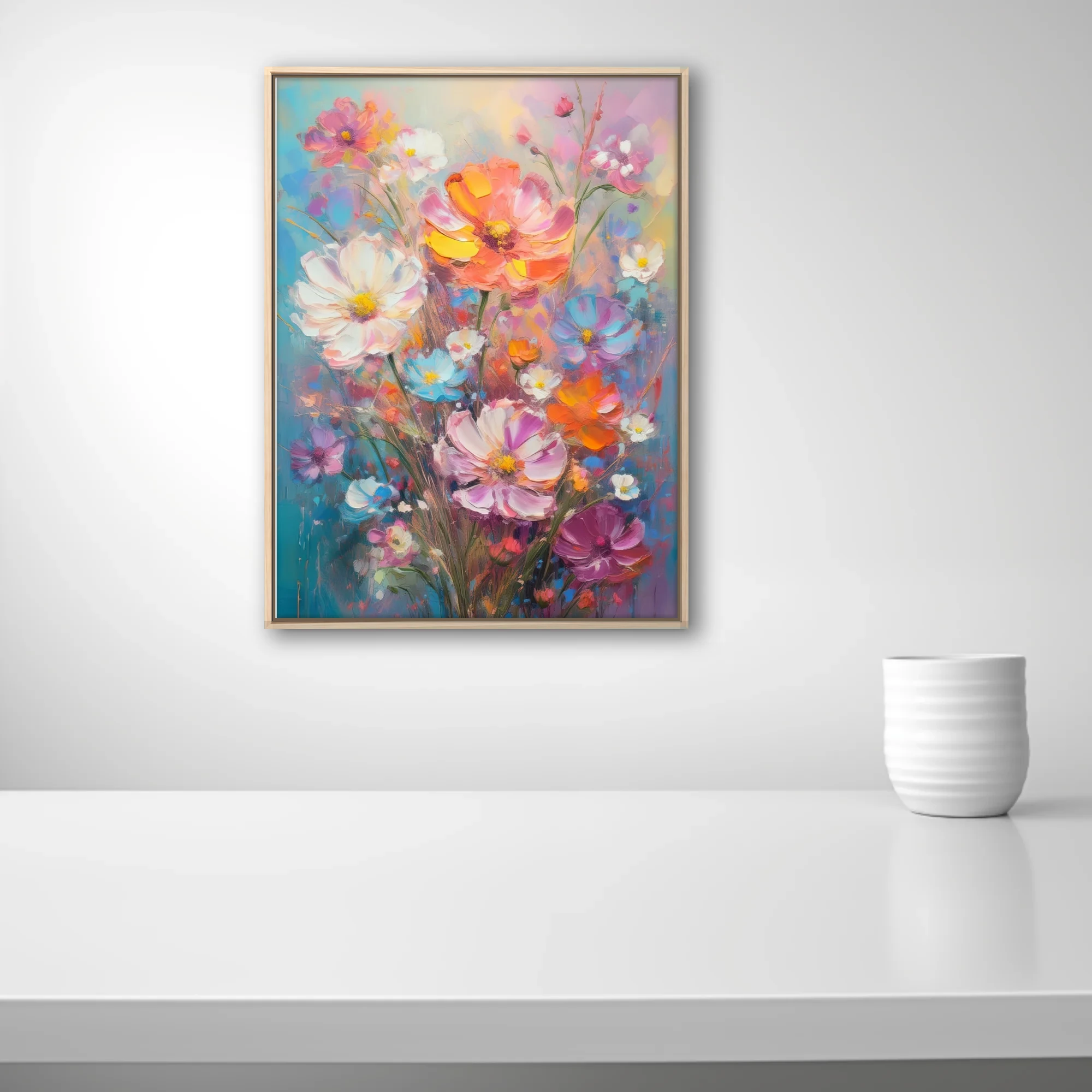 Vibrant cosmos and wildflower bouquet with in coral, pink, blue and yellow