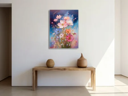 Painterly wildflower bouquet in pink, coral, and periwinkle with thick on indigo background