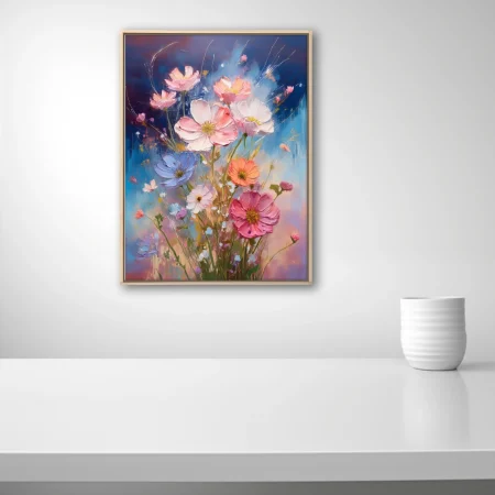 Painterly wildflower bouquet in pink, coral, and periwinkle with thick on indigo background