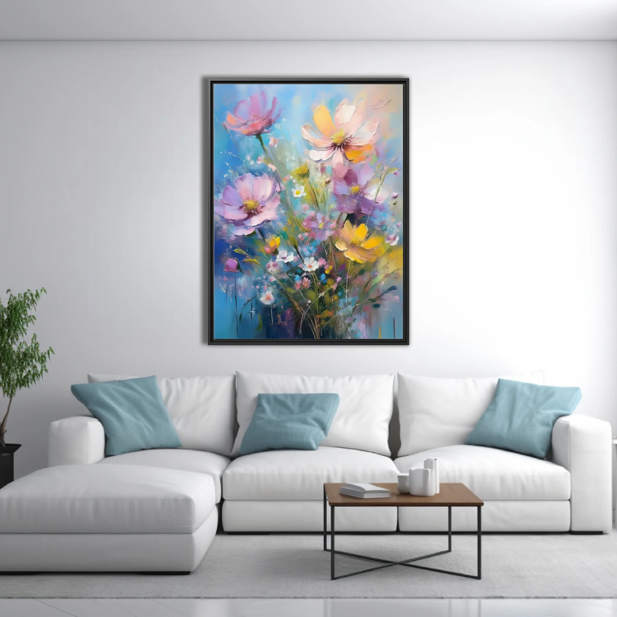Painterly wildflower bouquet in pastel pink, lilac, and yellow with