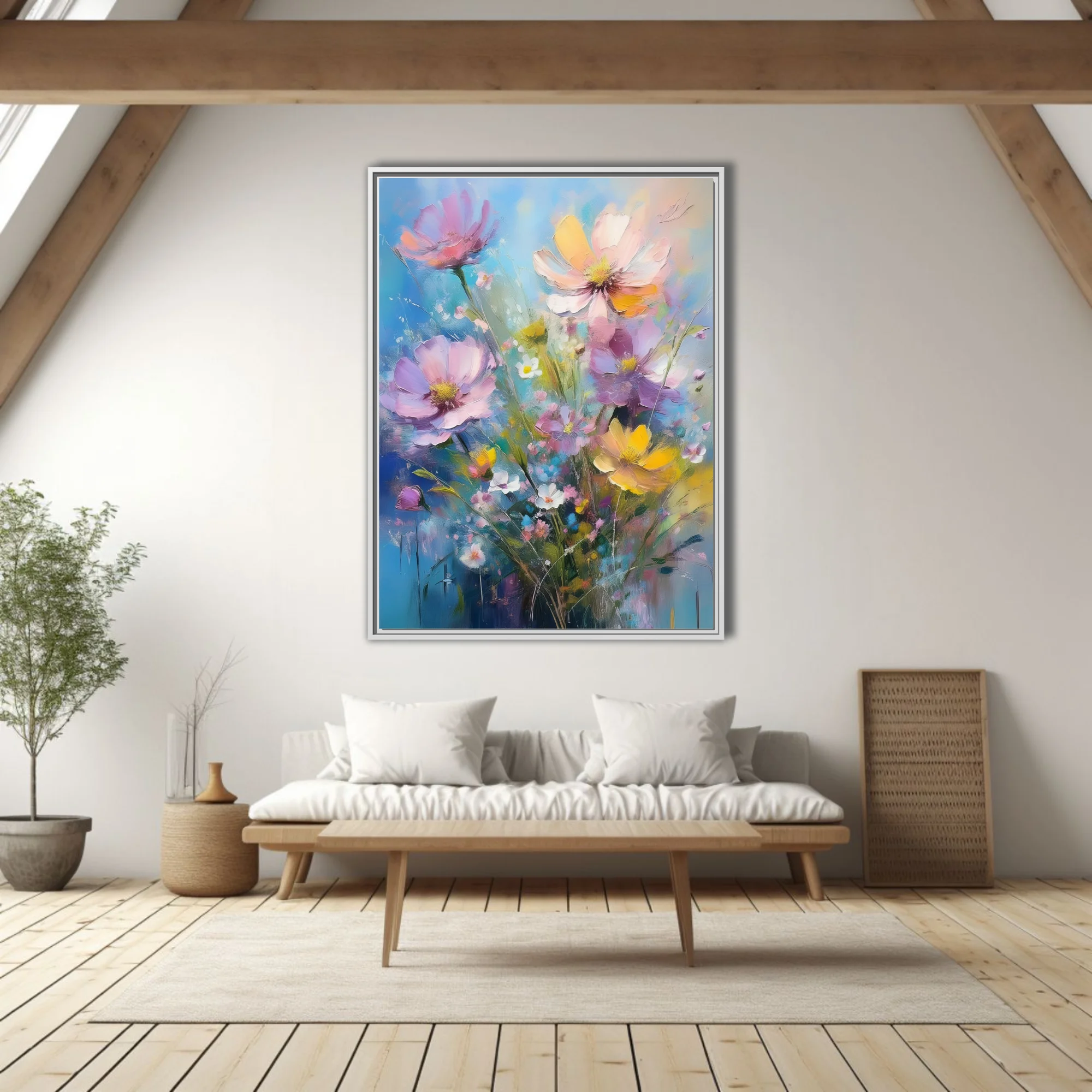 Painterly wildflower bouquet in pastel pink, lilac, and yellow with