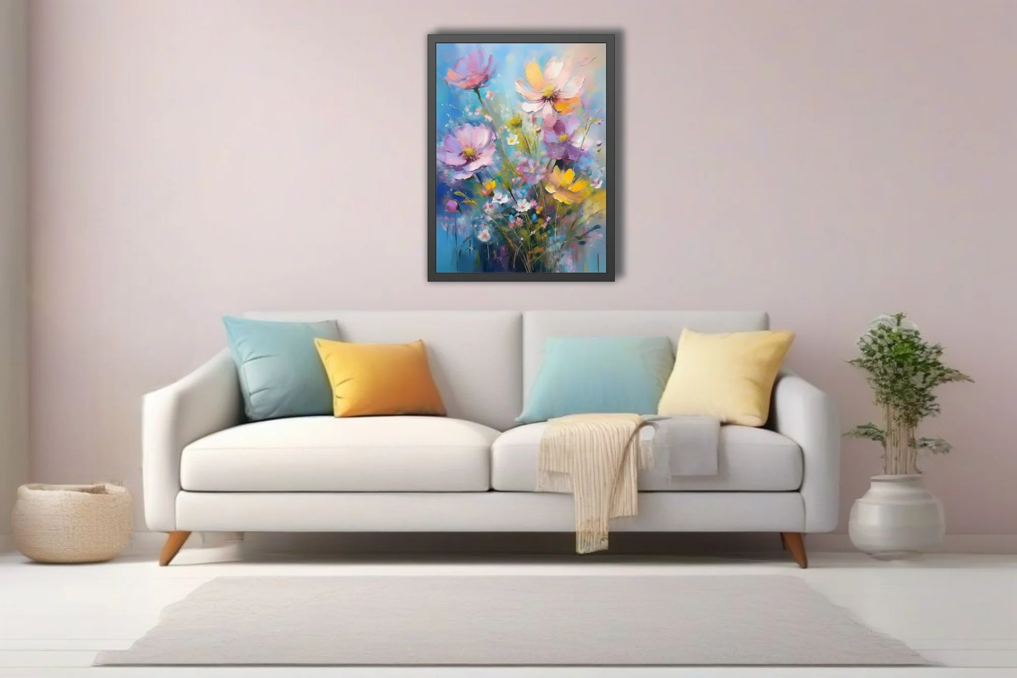 Painterly wildflower bouquet in pastel pink, lilac, and yellow with