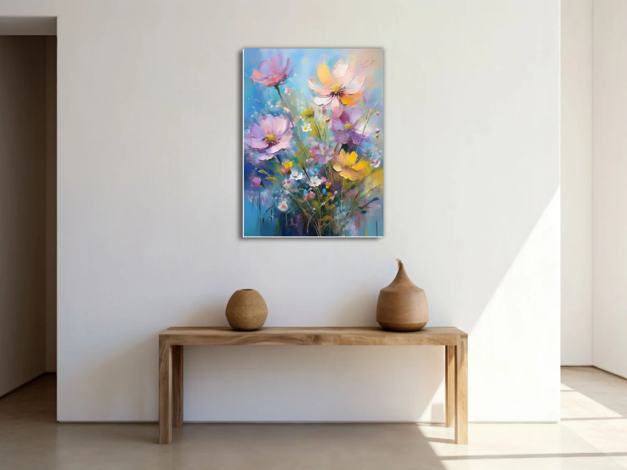 Painterly wildflower bouquet in pastel pink, lilac, and yellow with