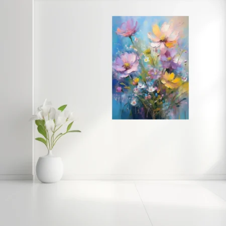 Painterly wildflower bouquet in pastel pink, lilac, and yellow with