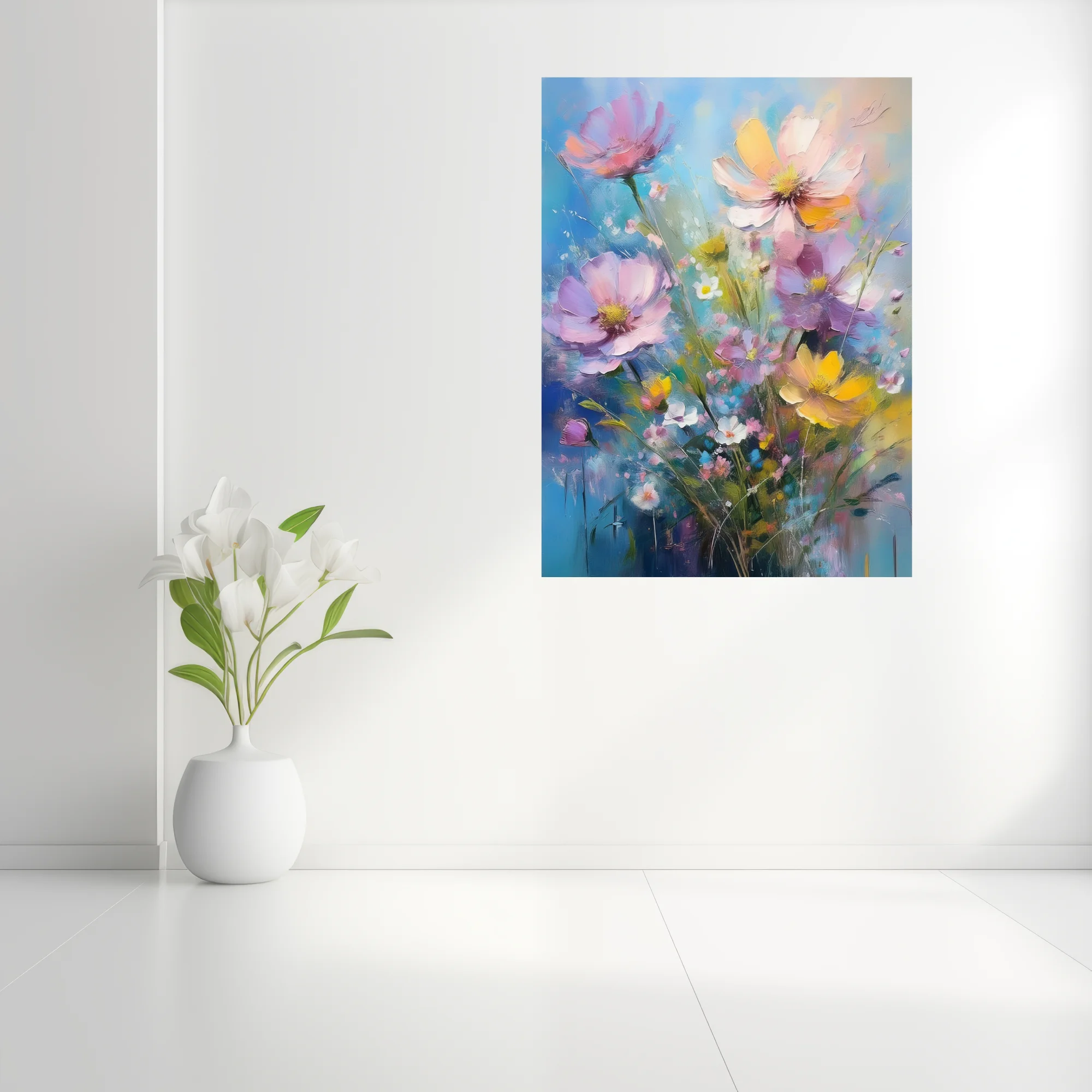 Painterly wildflower bouquet in pastel pink, lilac, and yellow with