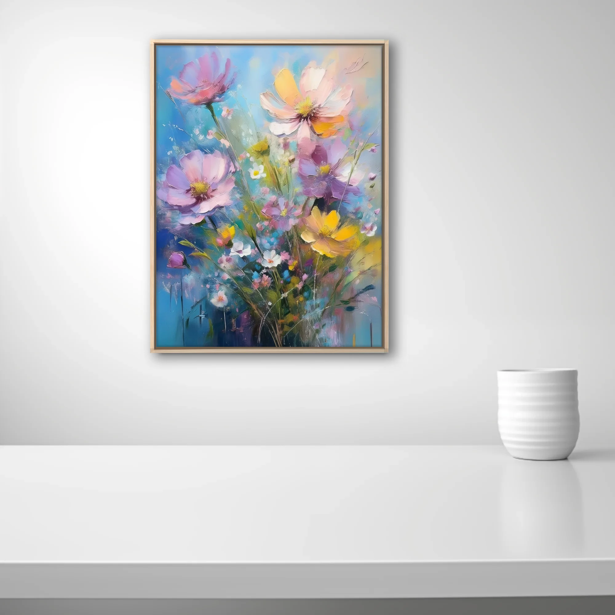 Painterly wildflower bouquet in pastel pink, lilac, and yellow with