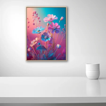 Dreamlike fantasy floral art with iridescent pink blue and violet blooms on gradient background