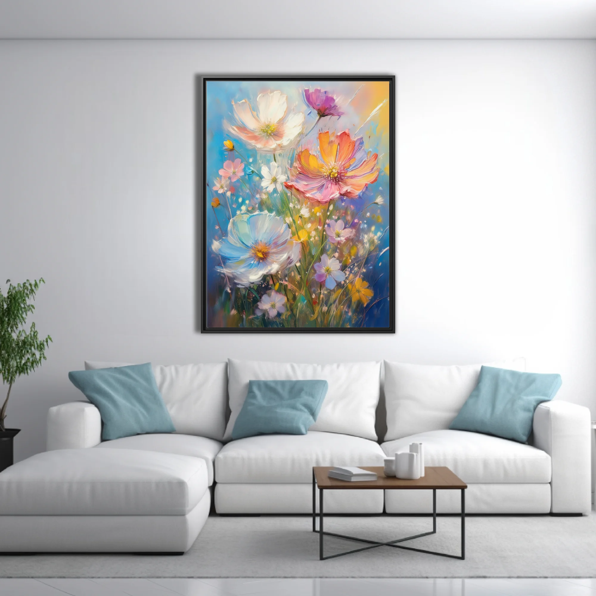 Painterly wildflower bouquet in luminous pastels with thick strokes and sunlit sky backdrop