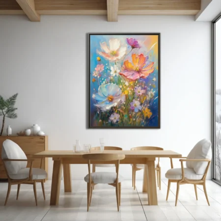 Painterly wildflower bouquet in luminous pastels with thick strokes and sunlit sky backdrop